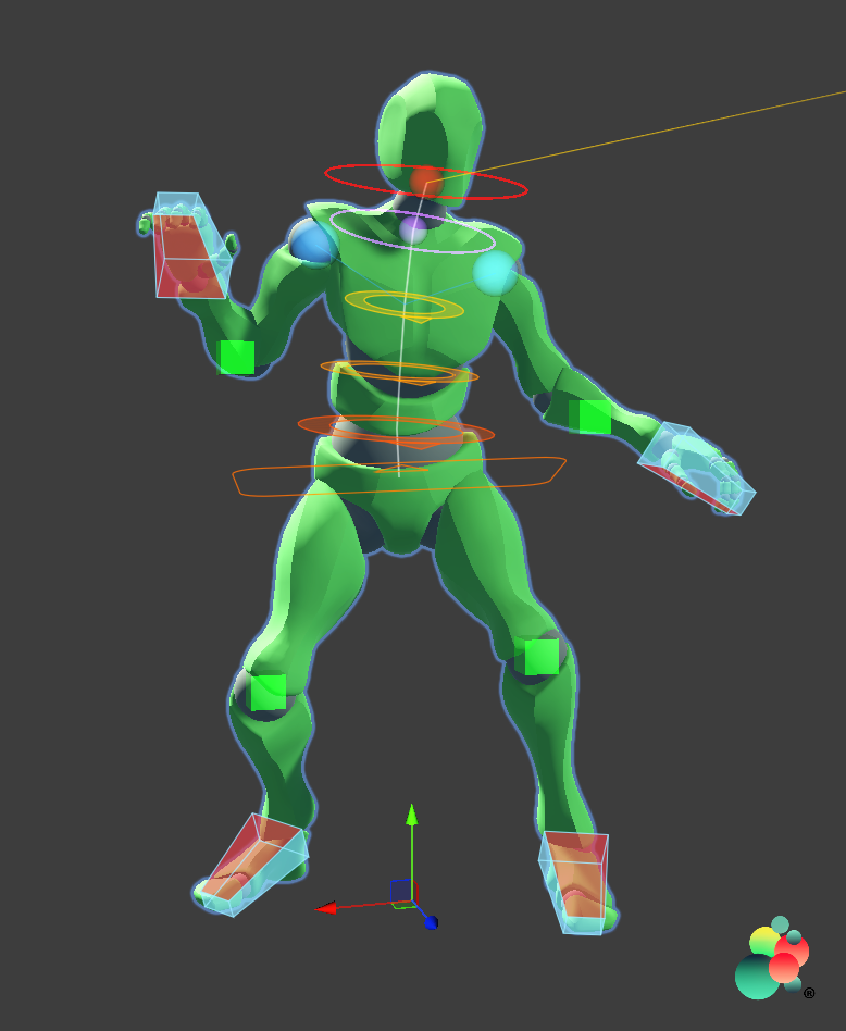 Humanoid Poser IK target gizmos shown on a T-pose reference character, color-coded by body region